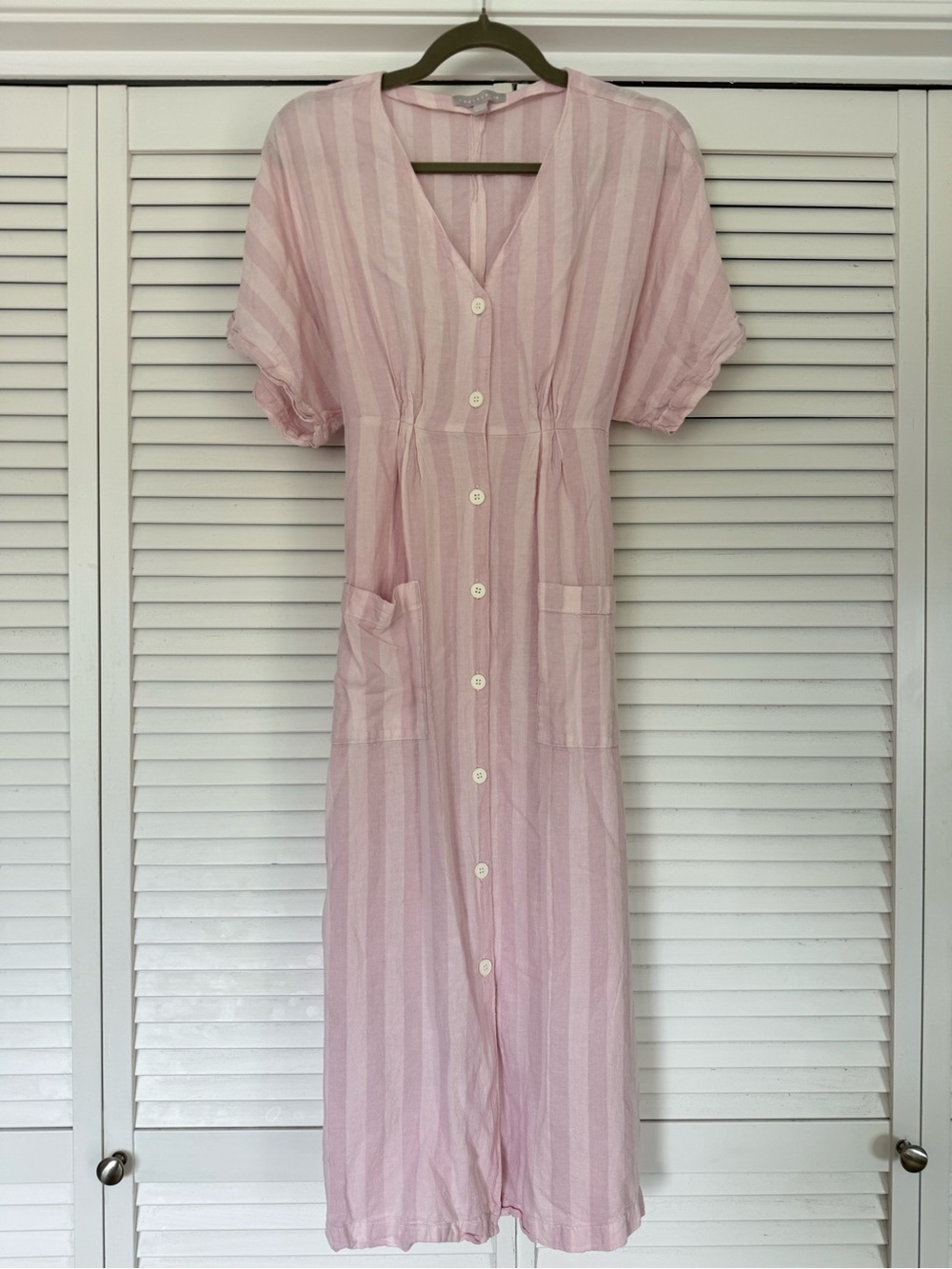 Chelsea 28 Linen Dolman Sleeved Pink Striped Button up Dress Belted - Women XS